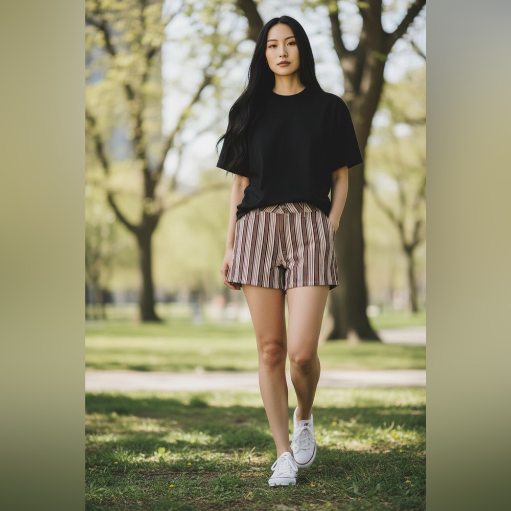 Striped Cotton Blend Women’s Shorts - Brown/Pink